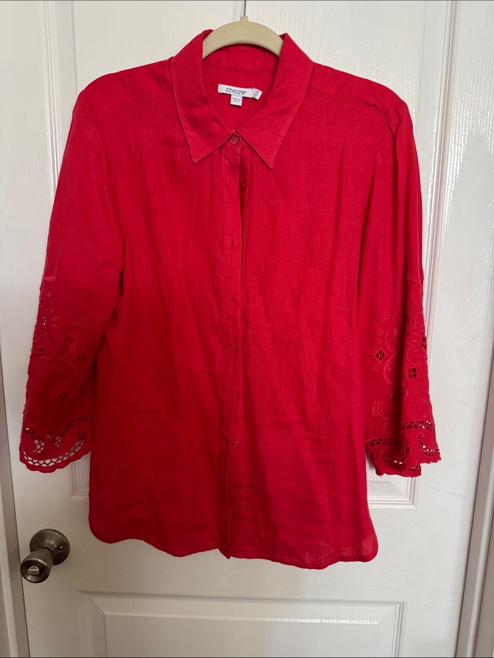 Chico's Strawberry Linen Button-Down Shirt with Cutwork Sleeves